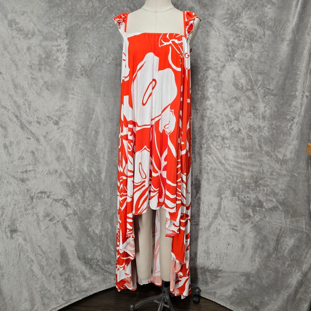 Lexbreezy Hawaii High Low Dress Women M Orange Floral Ruffle Strap Flowy Stretch